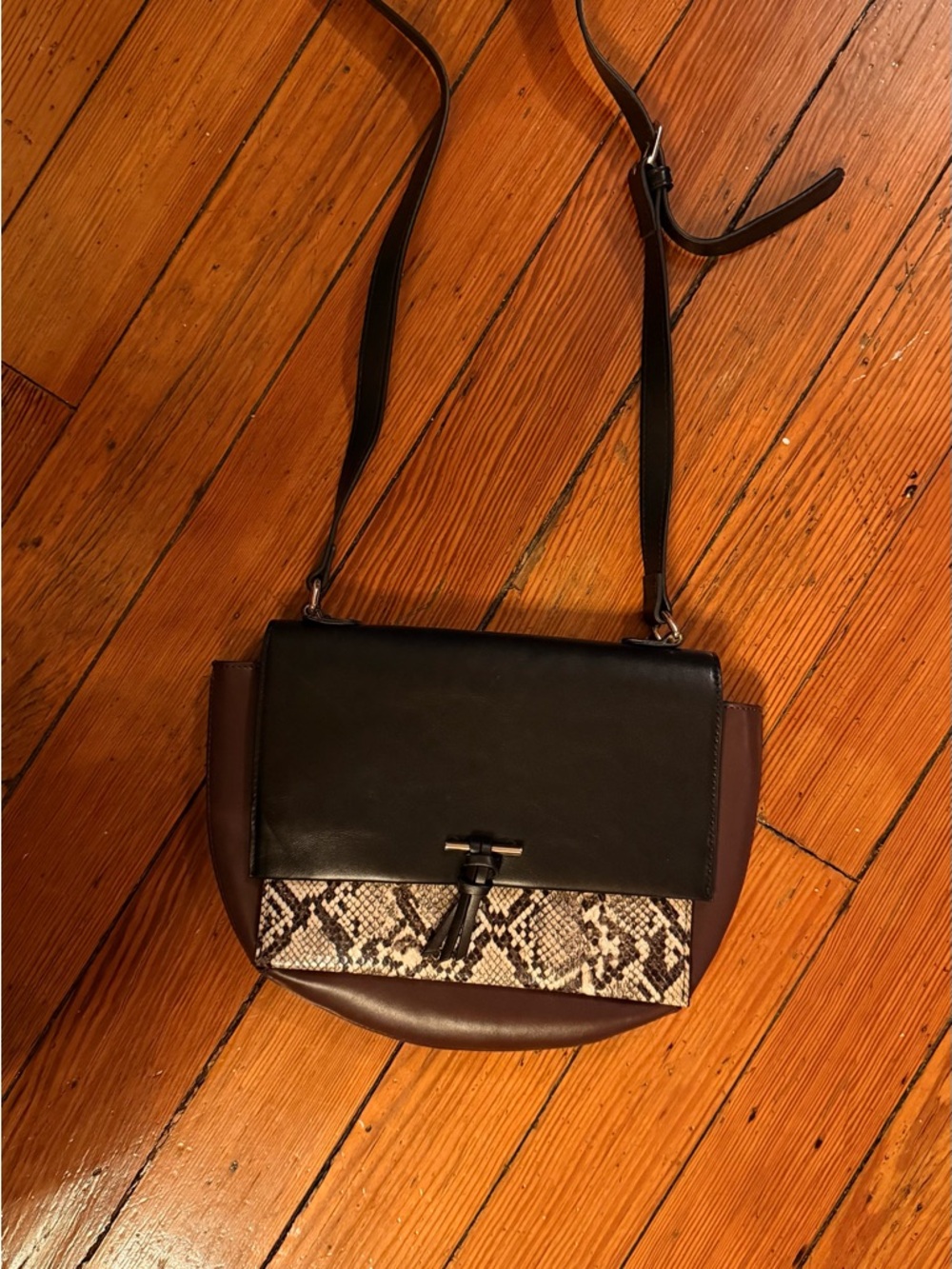 Zara Black & Deep Wine Color Crossbody with Snake-Print Accent